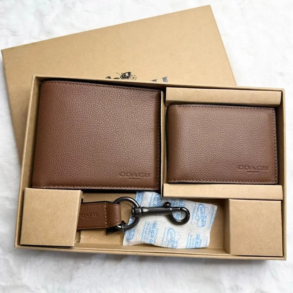 NWT COACH Men Unisex Brown Gift Set of 3 Wallets Keychain